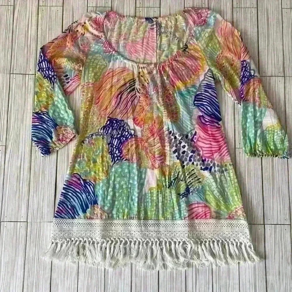 Lilly Pulitzer Alia fringe bottom off the shoulder 100% cotton tunic top - Picture 4 of 10